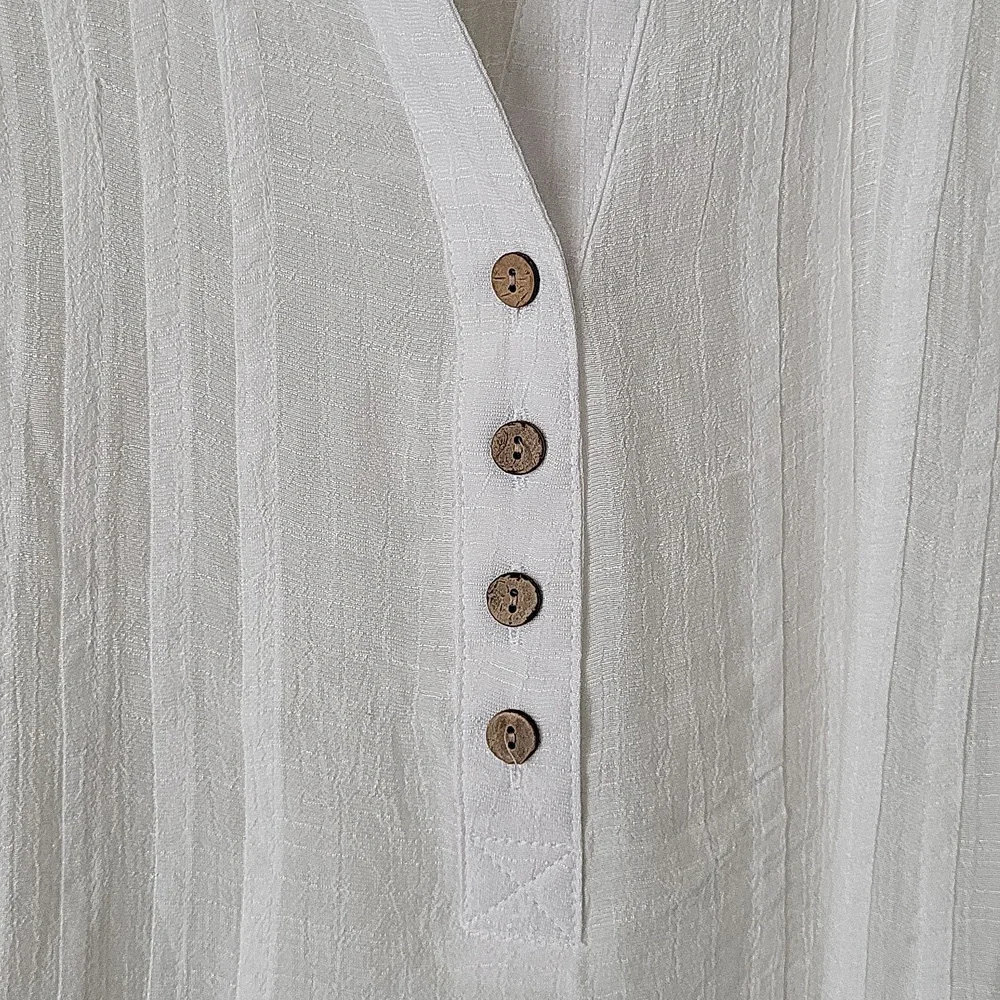 Zac & Rachel White Sheer Gauze Top Blouse Push Up Button Tab Sleeves L - Picture 5 of 8